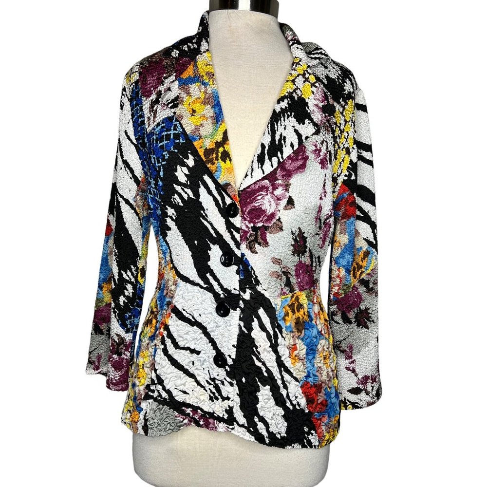 Alberto Malaki blouse size medium colorful long sleeve collar crinkle stretch ab